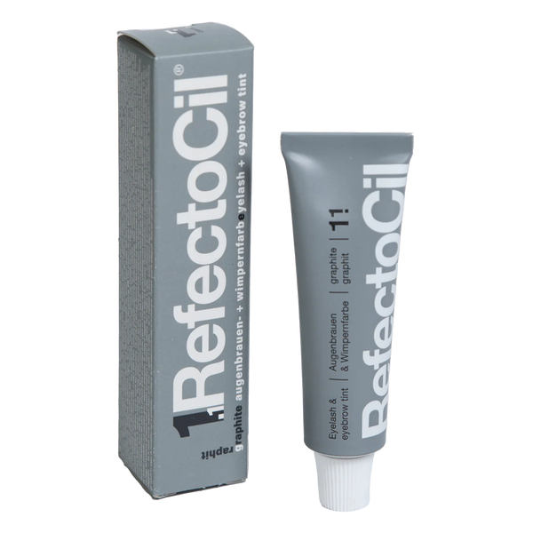 RefectoCil Tint in various shades. Each tube is color-coded to match the tint shade, and the packaging features the RefectoCil logo and product name in bold lettering. The tints are used for brow tinting and lash tinting services, offering a wide range of colors to suit different client preferences. The tubes are arranged on a clean, white background to emphasize the variety and high-quality of the product.Graphite Eyebrow tint 15 ml