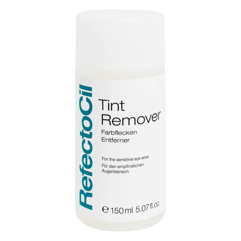 White 150ml bottle of RefectoCil Tint Remover with a blue label, designed to gently remove excess tint from the skin after eyelash and eyebrow tinting treatments.