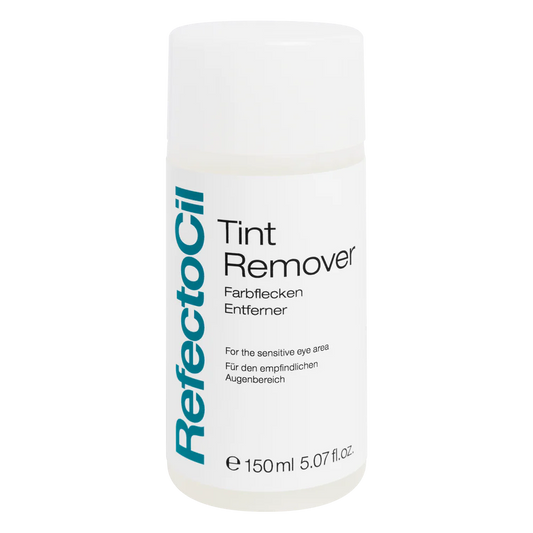White 150ml bottle of RefectoCil Tint Remover with a blue label, designed to gently remove excess tint from the skin after eyelash and eyebrow tinting treatments.