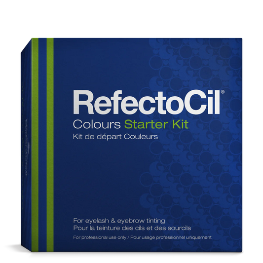 RefectoCil Professional Tinting Starter Kit, including tints, tools, and guides, available at A & E Beauty Supplies.The Colours Starter Kit is ideal for practice purposes in schools and for anyone working with RefectoCil® eyebrow and eyelash tints for the first time. Perfect for students and beginners in lash and brow tinting. Blue box with white lettering with green stripes