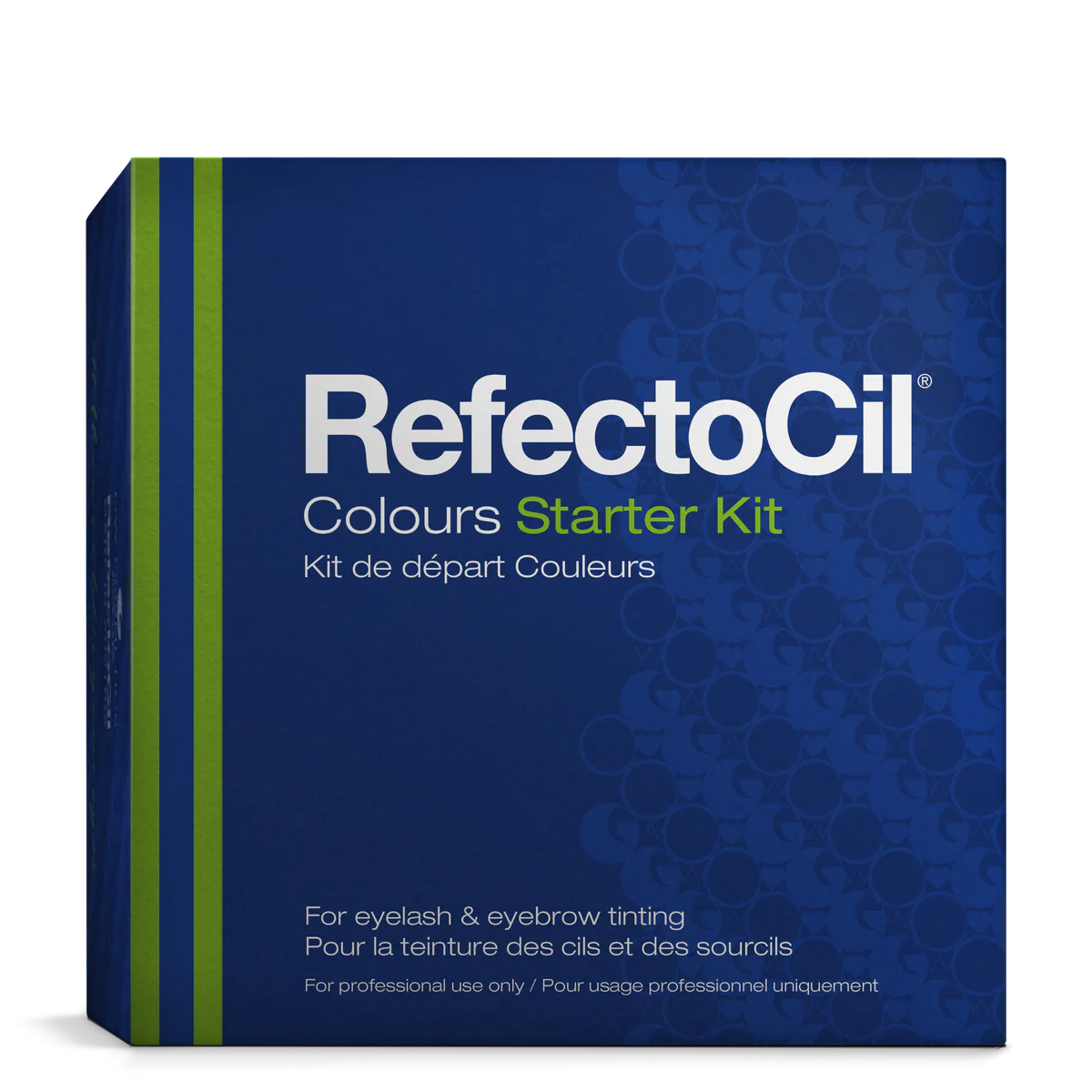 "RefectoCil Professional Tinting Starter Kit, including tints, tools, and guides, available at A & E Beauty Supplies.The Colours Starter Kit is ideal for practice purposes in schools and for anyone working with RefectoCil® eyebrow and eyelash tints for the first time. Perfect for students and beginners in lash and brow tinting. Blue box with white lettering with green stripes"