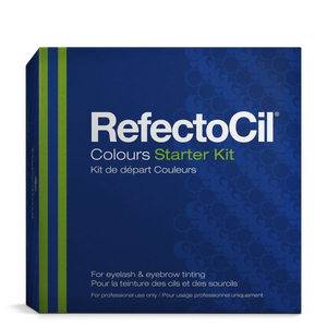 "RefectoCil Professional Tinting Starter Kit, including tints, tools, and guides, available at A & E Beauty Supplies.The Colours Starter Kit is ideal for practice purposes in schools and for anyone working with RefectoCil® eyebrow and eyelash tints for the first time. Perfect for students and beginners in lash and brow tinting. Blue box with white lettering with green stripes"