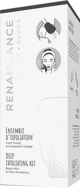 "The Renaissance Duo Body Mitt offers luxurious exfoliation and skin care for the body, with the option to add a face accessory for precision care. This versatile mitt is designed to provide a smooth, polished skin surface by gently removing dead skin cells. Available in three options. Renaissance Duo Body Mitt with optional face accessory for exfoliation and skin care, 3 options available."