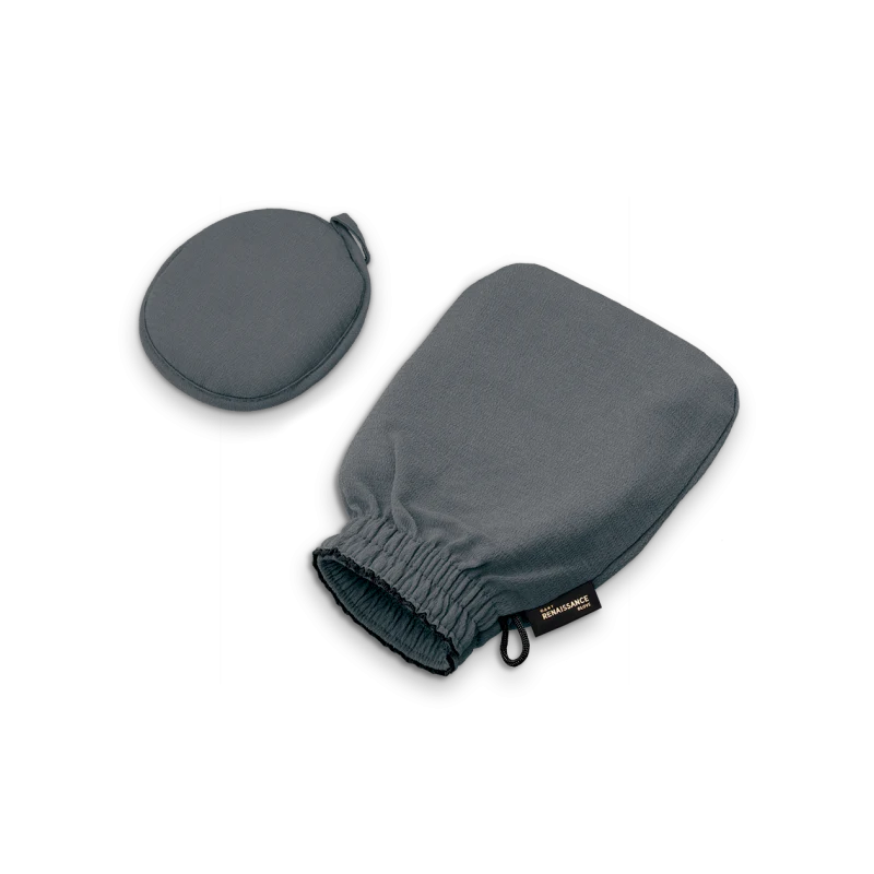 "The Renaissance Duo Body Mitt offers luxurious exfoliation and skin care for the body, with the option to add a face accessory for precision care. This versatile mitt is designed to provide a smooth, polished skin surface by gently removing dead skin cells. Available in three options. Renaissance Duo Body Mitt with optional face accessory for exfoliation and skin care, 3 options available."
