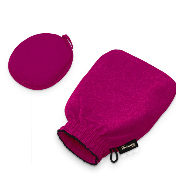 "The Renaissance Duo Body Mitt offers luxurious exfoliation and skin care for the body, with the option to add a face accessory for precision care. This versatile mitt is designed to provide a smooth, polished skin surface by gently removing dead skin cells. Available in three options. Renaissance Duo Body Mitt with optional face accessory for exfoliation and skin care, 3 options available."