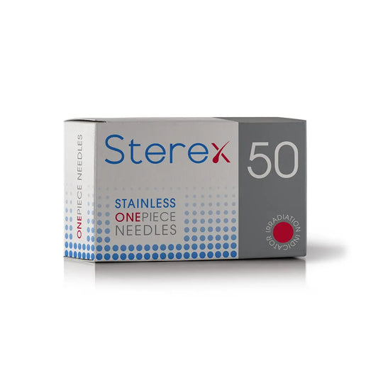 White and gray box of Stainless Sterex 1-Piece Electrolysis Needles for professional hair removal