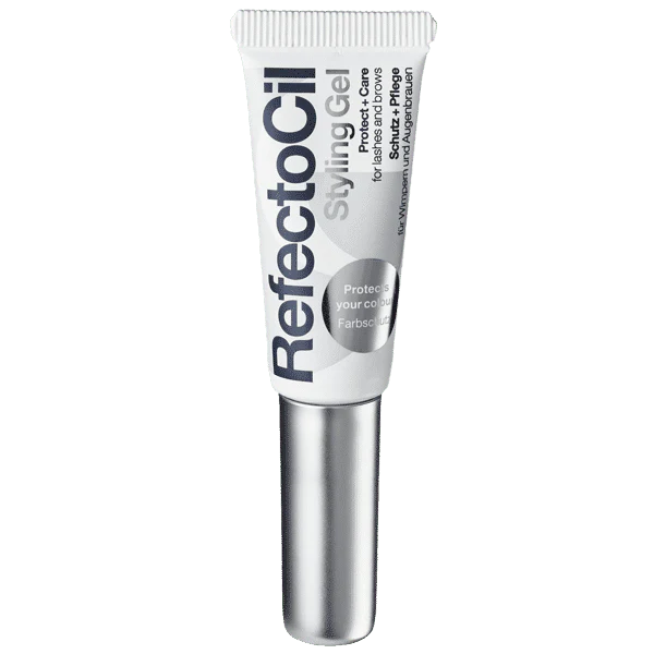 "Refectocil Styling Gel, a clear gel for shaping and setting brows and lashes, providing long-lasting hold for a polished look. A soft tube with a silver cap"