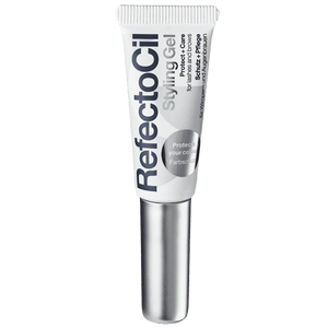 "Refectocil Styling Gel, a clear gel for shaping and setting brows and lashes, providing long-lasting hold for a polished look. A soft tube with a silver cap"