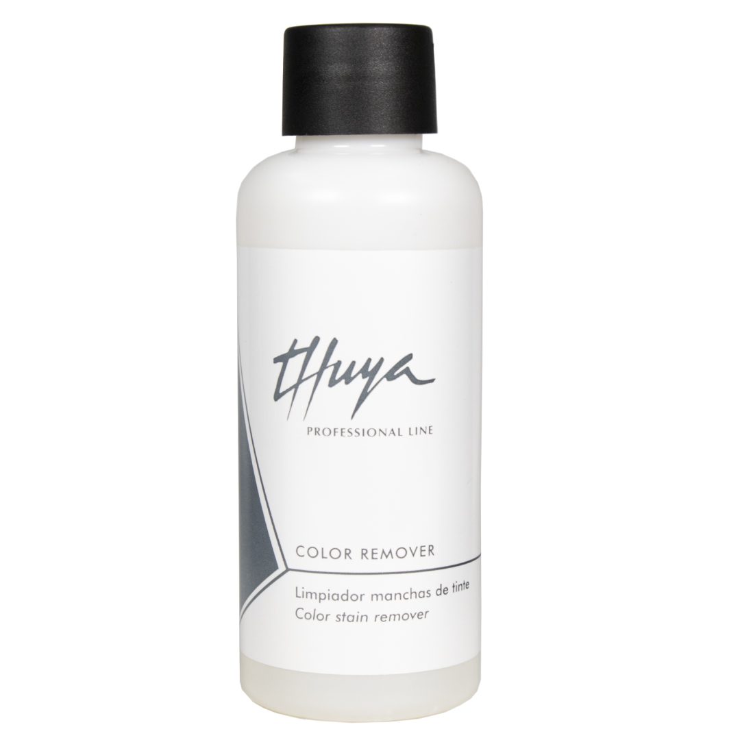 "Thuya Color Remover for safely removing dye stains from the skin without irritation, available at A & E Beauty Supplies. White bottle with grey lettering"