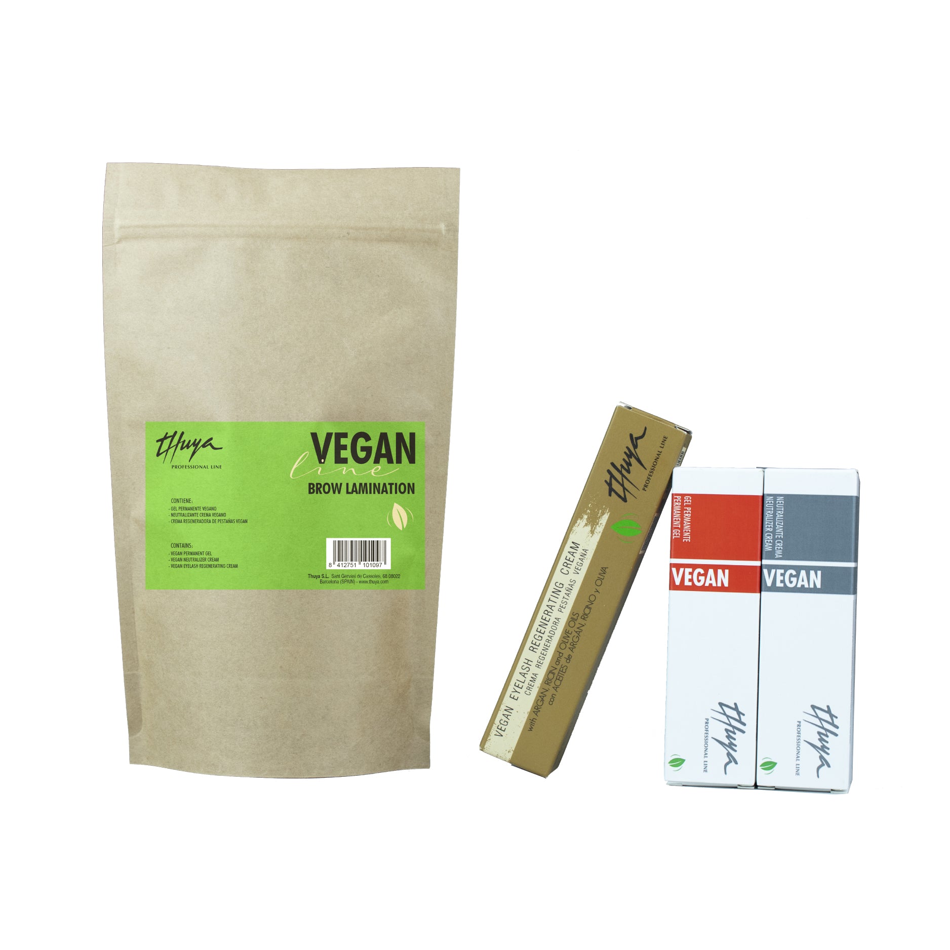 "Thuya Vegan Brow Lamination Kit with 3 vegan-friendly solutions, offered by A & E Beauty Supplies
This kit includes:
Vegan Permanent Gel 15 ml
Vegan cream neutralizer 15 ml
Vegan Eyelash Regenerating Cream 15 ml
brown bag with green lettering"