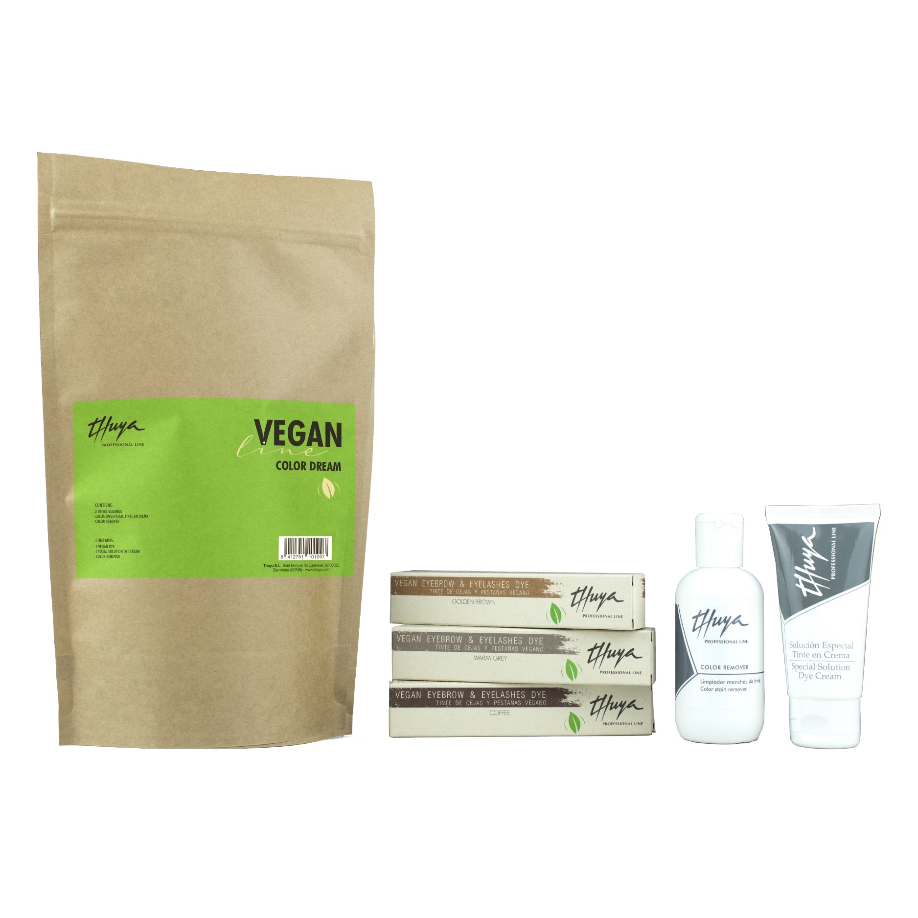 "Thuya Vegan Color Dream Kit with vegan-friendly dyes and eco-friendly packaging  from A & E Beauty Supplies.
This kit includes:
3 Vegan dyes 14 ml
Special cream dye solution 50 ml
Color Remover 100 ml. Brown bag with green lettering"
