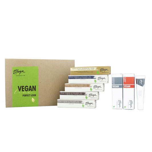 Thuya Vegan Perfect Look Kit with vegan-friendly perming, lifting, and dyeing products for brows and lashes, available at A & E Beauty Supplies.
This kit includes:
4 Vegan dyes 14 ml
Special cream dye solution 14 ml
Vegan Permanent Gel 15 ml
Vegan cream neutralizer 15 ml
Vegan Eyelash Regenerating Cream 15 ml, 
Brown packaging with green letters.