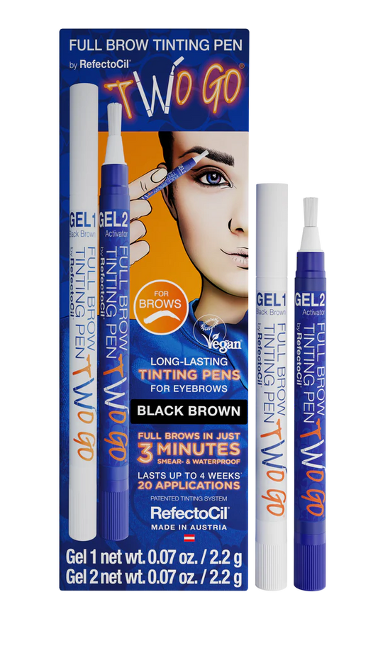 Two Go Pen by RefectoCil from A & E Beauty Supplies, convenient eyebrow tinting tool with waterproof and smear-proof results. Blue box with two pens. Two Go Refectocil Long lasting tinging pen for eyebrows. Full brows in just 3 minutes