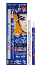 "Two Go Pen by RefectoCil from A & E Beauty Supplies, convenient eyebrow tinting tool with waterproof and smear-proof results. Blue box with two pens. Two Go Refectocil Long lasting tinging pen for eyebrows. Full brows in just 3 minutes"