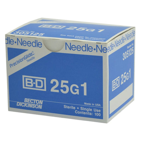 "Box of 25G hypodermic needles for ingrown hair removal in electrolysis, white and blue box design."