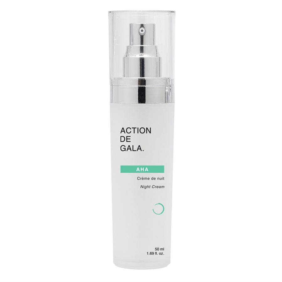 "A jar of Action de Gala AHA Night Cream (34-6024) with a sleek, professional design, formulated to exfoliate and hydrate skin overnight, available at A & E Beauty Supplies"