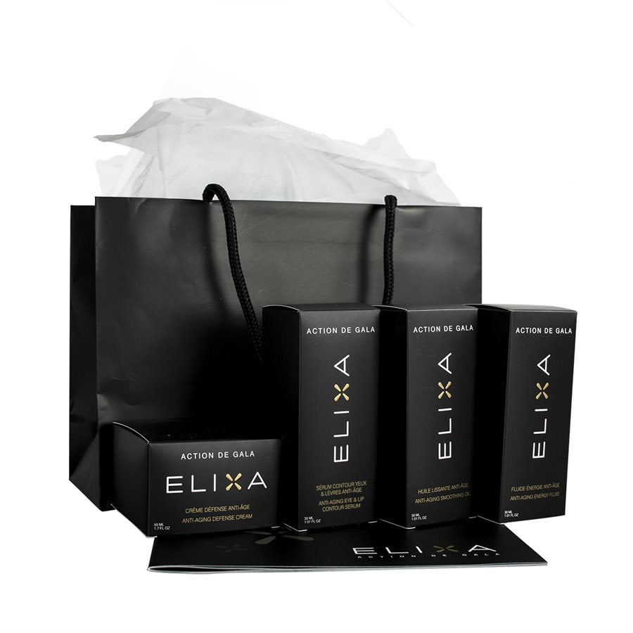 "Action de Gala Elixa Promotional Kit featuring a selection of anti-aging skincare products for rejuvenating and hydrating skin, ideal for salon and spa services, available at A & E Beauty Supplies
The Elixa anti-aging set includes:
Eye-Lip Radiance Serum
Energy Fluid
Smoothing Oil
Defense Cream"
