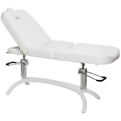 "Astra II Deluxe Hydraulic Treatment Table, adjustable height and seat tilt offers exceptional comfort and functionality with adjustable height and seat tilt for beauty treatments."