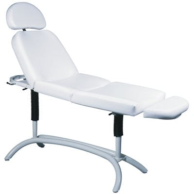 "Astra Spa Flat Treatment Table, durable and stable design for beauty treatments. Specifically designed for electrolysis and aesthetics treatments, Astra tables are equipped with a stylish tubular base that offers both stability and foot clearance. Two gas cylinders are strategically located at both ends of the table to allow various angle and height adjustments."
