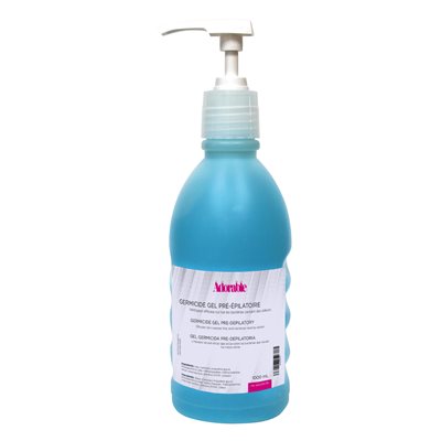 "A 1L bottle with pump top, of Adorable Germicide Gel Blue Pre-Depilatory, a cleansing and soothing gel for pre-waxing treatments, available at A & E Beauty Supplies"