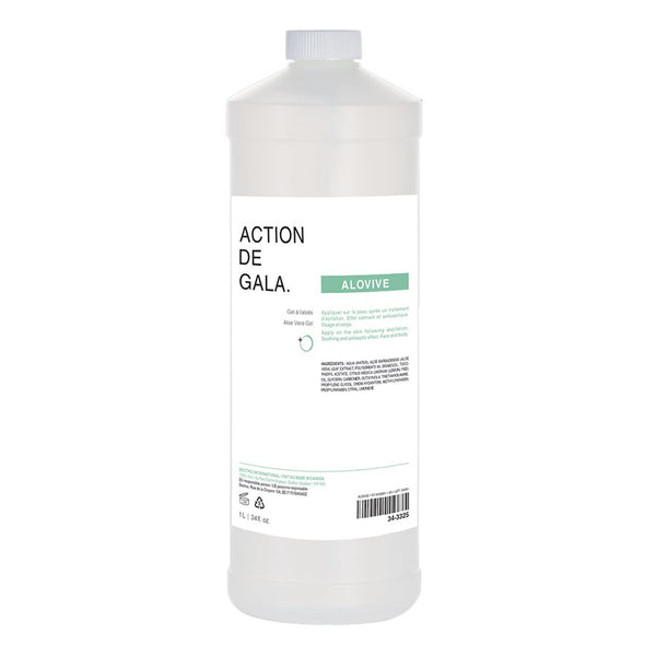 "A 1L bottle of Alovive Aloe Gel by Action de Gala, a soothing and hydrating aloe vera gel ideal for post-treatment care, available at A & E Beauty Supplies. Perfect for after electrolysis, laser, waxing, sugaring, tweezing, threading."
