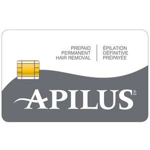 "Apilus Platinum Smart Card, a small, rectangular prepaid card with a microchip, used for crediting electrolysis machine hours. The card features the Apilus logo and is designed for permanent hair removal treatments, offering multiple prepaid time options."