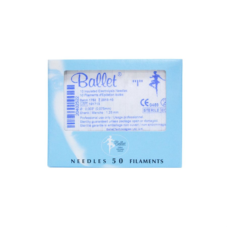 "Ballet Insulated Filaments - Box of 50 for Electrolysis Hair Removal | A & E Beauty Supplies. Blue thin box with white centre on face"