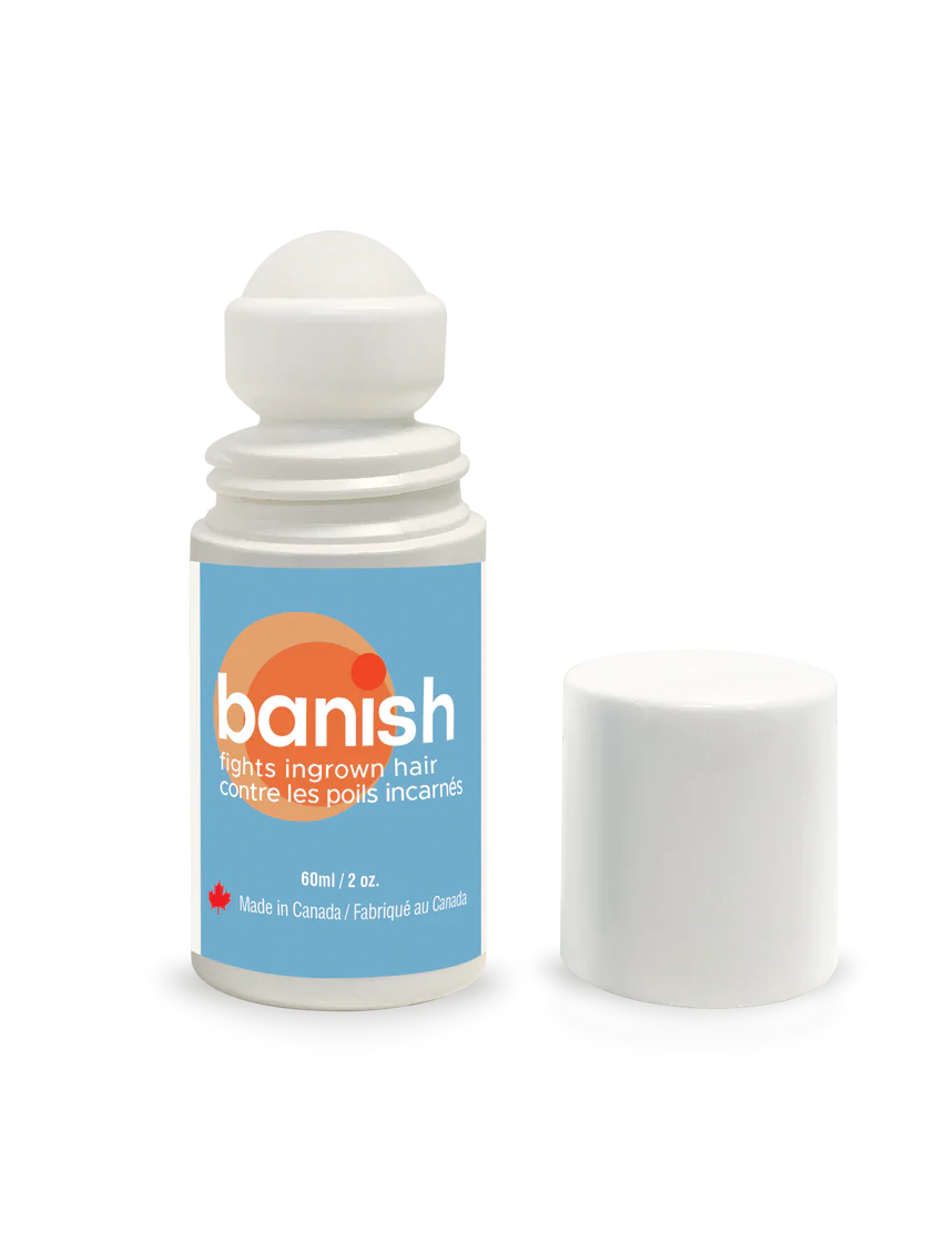 "Banish has been specially formulated to treat ingrown hairs, razor burn, bumps and skin irritation resulting from shaving, waxing, electrolysis and laser hair removal. Produces results in 24-48 hours
Roll-on applicator with a gel based formulation Safe and gentle on skin, leaves no residue."
Non irritating, herbal scented, cool feeling.
