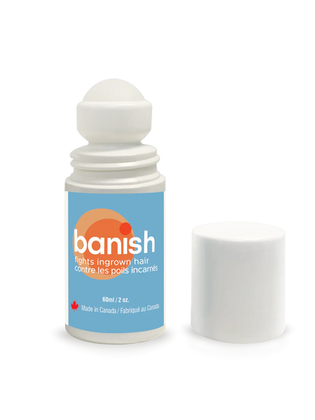 "Banish has been specially formulated to treat ingrown hairs, razor burn, bumps and skin irritation resulting from shaving, waxing, electrolysis and laser hair removal. Produces results in 24-48 hours
Roll-on applicator with a gel based formulation Safe and gentle on skin, leaves no residue."
Non irritating, herbal scented, cool feeling.
