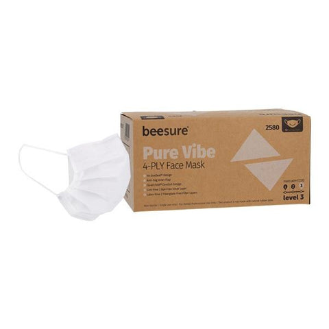 "BeeSure Vibe white anti-fog 4 layer face mask ASTM Level 3 earloop mask for medical and personal service professionals."
