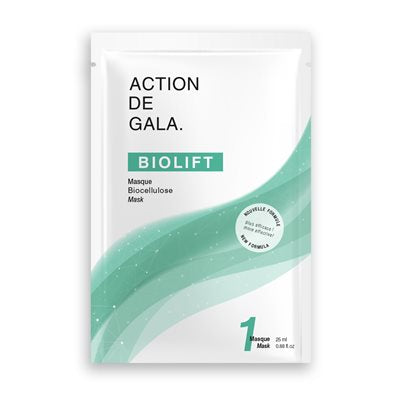 "A mask of BioLift Bio Cellulose Mask by Action de Gala, a hydrating and anti-aging mask for rejuvenating skin, available at A & E Beauty Supplies. In a single easy to open pouch"