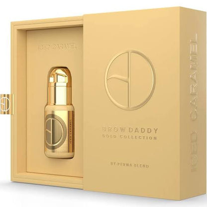 Brow Daddy Gold collections, by perma blend, formulated with the highest pigment load to ensure the absolute best healed results with 80-90% retention and heals true to color.perfect for eyebrow tattooing, set on a clean, neutral backgrou
This high quality box with gold lettering and symbol has a glass bottle inside 15 ml of This pigment comes from the Perma Blend Brow Daddy Gold Collection, designed specifically for permanent makeup brows. This listing is for one 1/2oz bottle of Perma Blend iced caramel. 