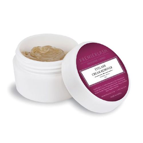 "Cream Remover 15ml PremierLash - A & E Beauty Supplies White circular container with maroon label"