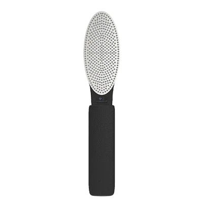 "Diamancel foot callus buffer with diamond-coated abrasive surface, ideal for professional pedicure treatments. Long black handle with broad faced buffer."