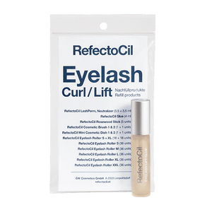 "Eyelash Lift Curl Glue by Refectocil, for securing lashes during lifting treatments, displayed on a clean, neutral background, white pouch "