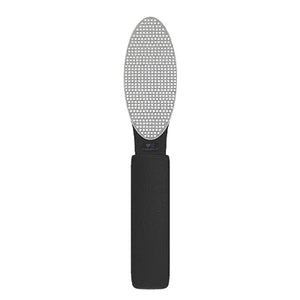 "Diamancel foot callus buffer with diamond-coated abrasive surface, ideal for professional pedicure treatments. Long black handle with broad faced buffer."