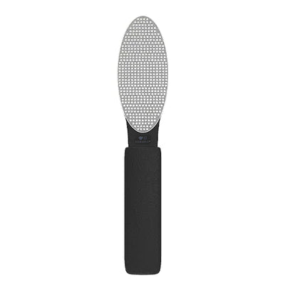 "Diamancel foot callus buffer with diamond-coated abrasive surface, ideal for professional pedicure treatments. Long black handle with broad faced buffer."