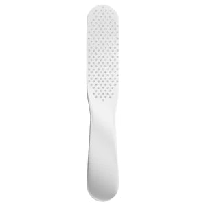 "This broad white Foot Callus File by Diamancel with diamond-dust surface removes tough calluses and rough skin."