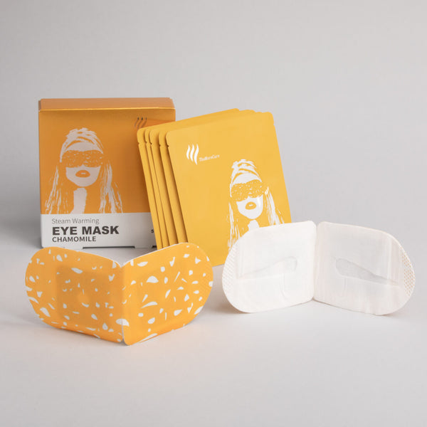 "A set of five individually packaged heated eye masks, designed for soothing relaxation and relieving eye fatigue, displayed on a clean, neutral background."