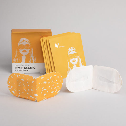 "A set of five individually packaged heated eye masks, designed for soothing relaxation and relieving eye fatigue, displayed on a clean, neutral background."