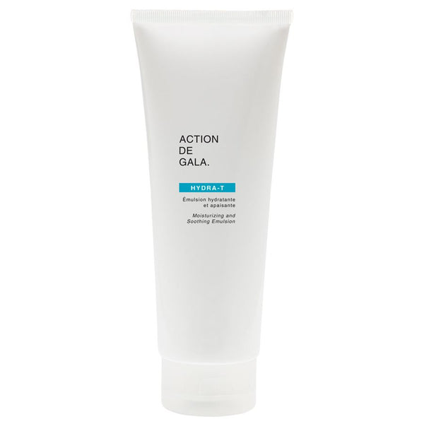 "A bottle of Hydra-T Moisturizing Emulsion by Action de Gala designed to hydrate and nourish the skin, ideal for facials and professional skincare treatments, available at A & E Beauty Supplies in a white sleek bottle with hard white cap with clean lettering"
