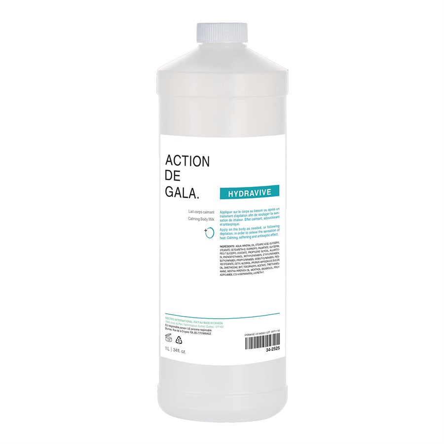 "A bottle of Hydravive Calming Milk by Action de Gala, a gentle and soothing formula for calming sensitive skin, ideal for facials and daily care, available at A & E Beauty Supplies. A semi clear bottle with a small twist cap, with a clean sleek label"