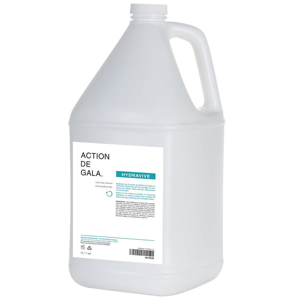 "A bottle of Hydravive Calming Milk by Action de Gala, a gentle and soothing formula for calming sensitive skin, ideal for facials and daily care, available at A & E Beauty Supplies. A semi clear bottle with a small twist cap, with a clean sleek label"
