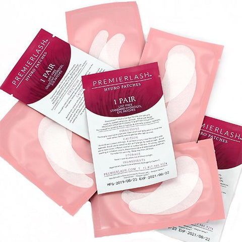 "Hydro Gel Eye Pads Crescent by PremierLash, designed for use during eyelash extensions and beauty treatments, displayed on a clean, neutral background. Soft pouch with two pads in each"