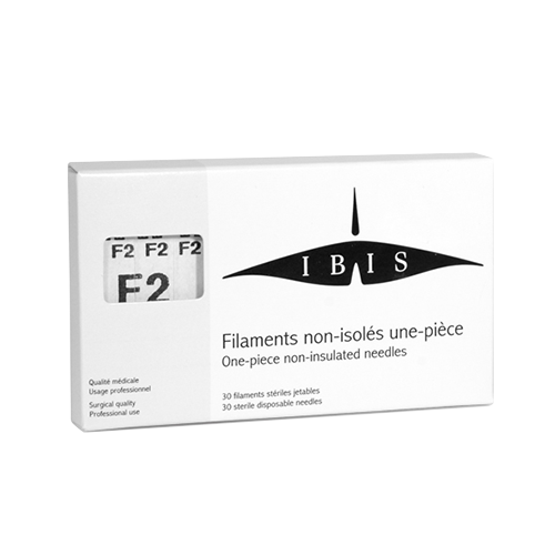 "Ibis F2 Non-Insulated Needle - 30pcs for Electrolysis Hair Removal | A & E Beauty Supplies. white box with black lettering "