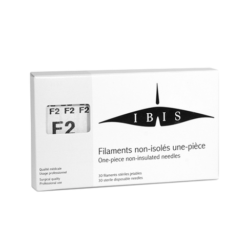 "Ibis F2 Non-Insulated Needle - 30pcs for Electrolysis Hair Removal | A & E Beauty Supplies. white box with black lettering "