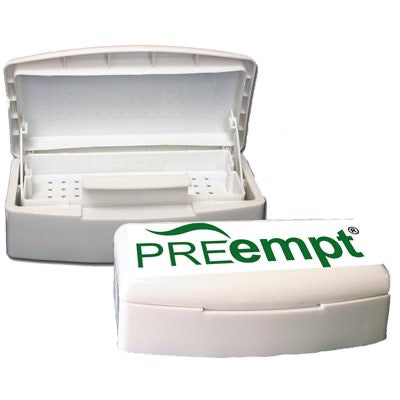 "Preempt Sterilization Box 250ml for efficient and safe sterilization of tools in beauty and medical settings. white box that opens in the middle with a tray on the inside"