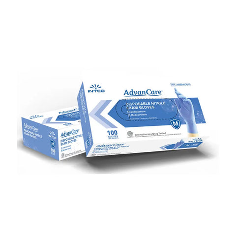 "Blue INTCO Advancare latex free nitrile exam-grade gloves in a variety of sizes, box of 100."