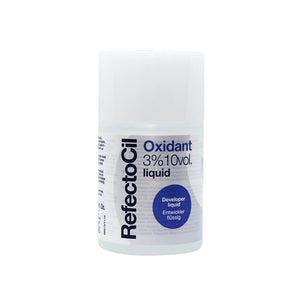 "RefectoCil Liquid Oxidant 100ml developer for lash and brow tints, designed for smooth application, available at A & E Beauty Supplies. cylindrical container with white cap on a white background" 