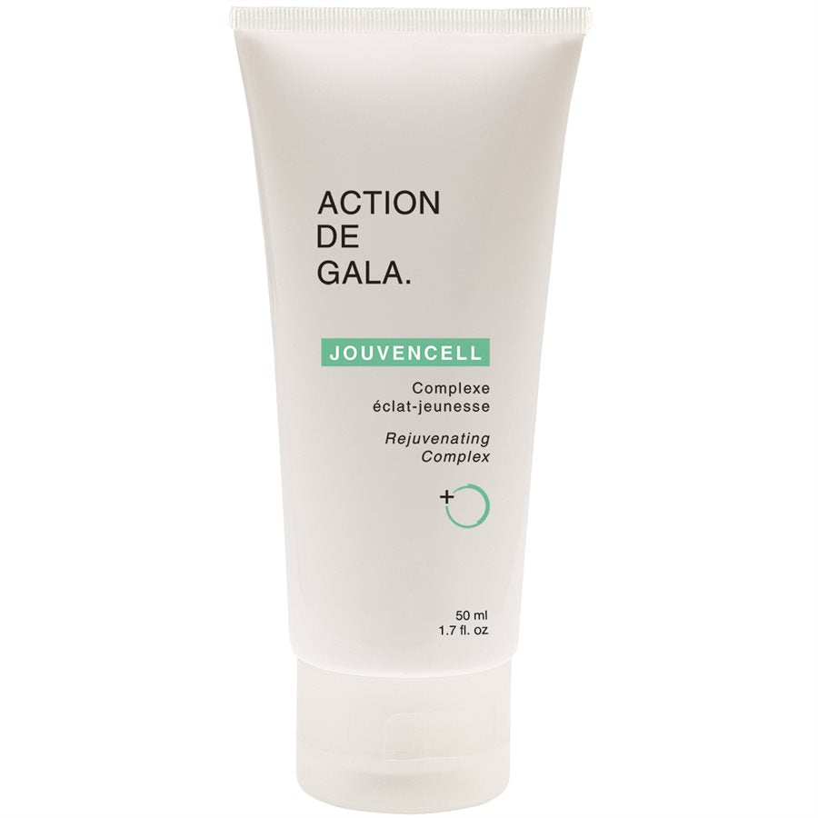 "A 50ml bottle of Jouvencell Rejuvenating Complex by Action de Gala, an advanced anti-aging formula ideal for professional facials and home skincare, available at A & E Beauty Supplies. A Clean white bottle with a hard white cap"